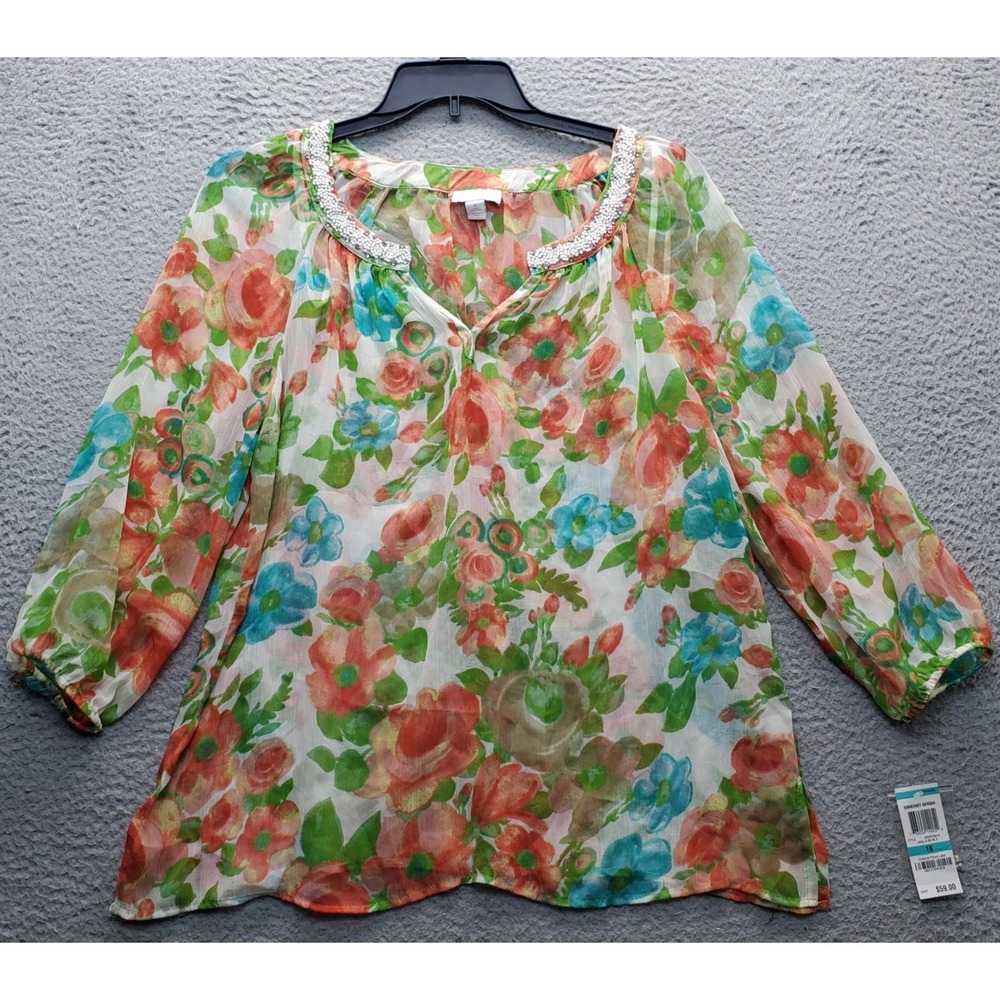 Charter Club Blouse Top Women's Size 16 Multi Floral Sheer Pleated Beaded V-Neck